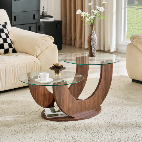 23.6inch  2-Tier U-Shaped Glass Coffee Table, Walnut MDF Base, Adjustable Height