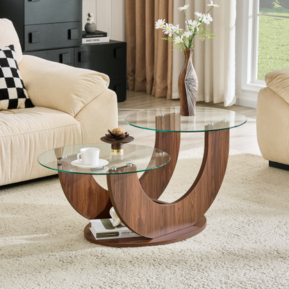 23.6inch  2-Tier U-Shaped Glass Coffee Table, Walnut MDF Base, Adjustable Height
