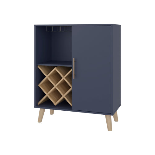 Bar Cabinet 38.6 inch H, 1 Door, 1 Drawer, 4 Shelves, Alby Blue / Natural Oak - Living Room