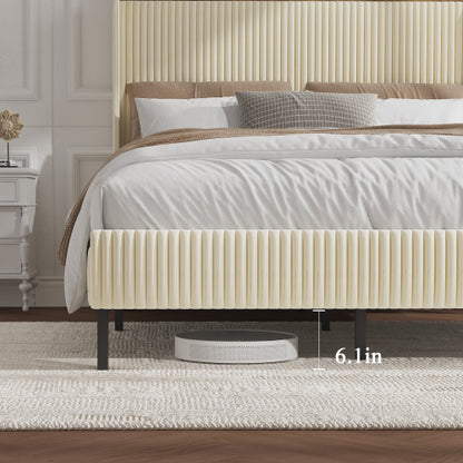 Queen Size Platform Bed , Metal Bed Frame with Charging Station, No Box Spring Needed, (Beige), Noise Free,Easy Assemble.