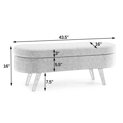Ottoman Oval Storage Bench,Rubber Wood Legs, Gray (43.5inch x16inch x16inch ) Cyan