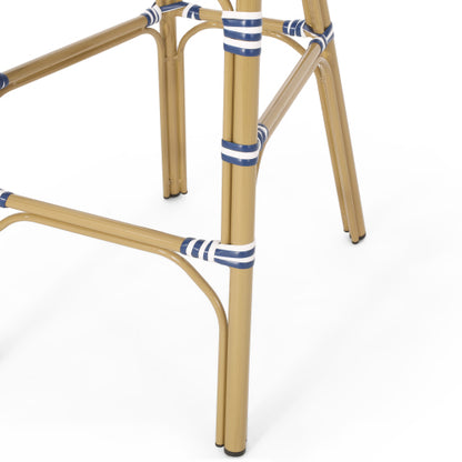 29.5" Outdoor PE Rattan French Barstool, Dark Teal and White, Aluminum Frame with Bamboo Finish (Set of 2)