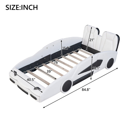 Twin Size Race Car-Shaped Platform Bed with Wheels, White