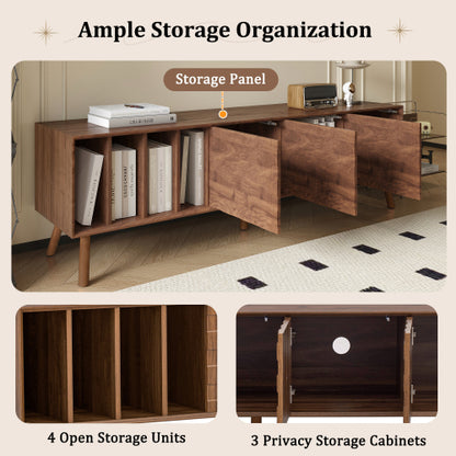 68 inch Mid-Century Modern TV Stand with Solid Wood Legs, Storage Cabinets & Open Shelves