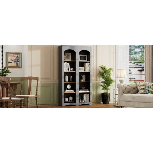 72''H Grey Farmhouse 5-Tier Combined Bookshelf Adjustable Shelf Home Pantry Storage Cabinet Set
