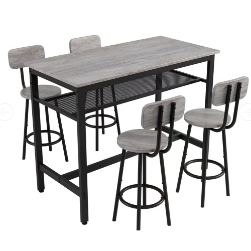 5-Piece Gray Counter Height Dining Set, MDF & Steel Table with 4 Stools, Space-Saving for Kitchen & Bar