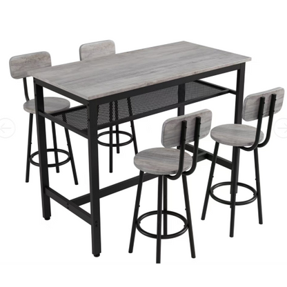 5-Piece Gray Counter Height Dining Set, MDF & Steel Table with 4 Stools, Space-Saving for Kitchen & Bar