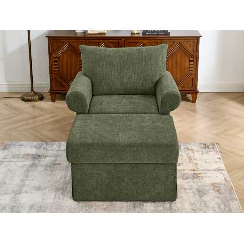 37.5-Inch Plush Chenille Accent Armchair with Movable Ottoman for Living-Room Bedroom Apartment