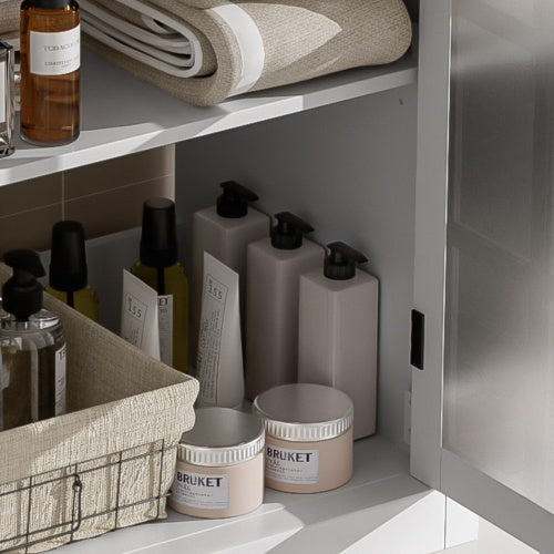 30" Modern Bathroom Vanity with Ceramic Sink, Bathroom Vanity Cabinet with Tempered Blurred Glass and Matte Black Handles, Equipped with Large Storage Space and Rubber Wood Frame, White