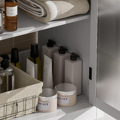 30" Modern Bathroom Vanity with Ceramic Sink, Bathroom Vanity Cabinet with Tempered Blurred Glass and Matte Black Handles, Equipped with Large Storage Space and Rubber Wood Frame, White