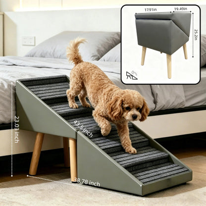 Grey 2-in-1 Foldable Pet Stairs Ottoman, 6 Steps Dog Ramp 25.2 inch, Converts to Footrest for Large & Small Dogs
