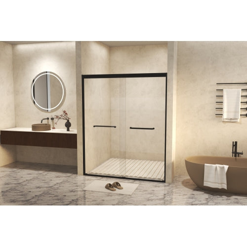 44-48" W × 72" H Tempered Glass with Explosion Proof Film, Aluminum Frame Double Sliding Shower Door, "1/4 (6 mm), Stainless Steel handle, Matte Black