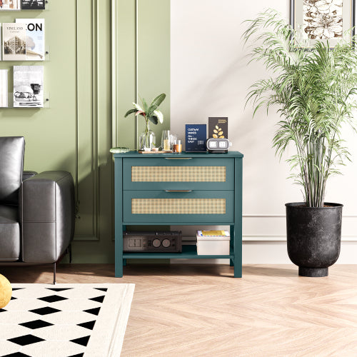 Rattan Nightstand with 2 Drawers and Storage Shelf Boho Bedside Narrow Side Table for Bedroom