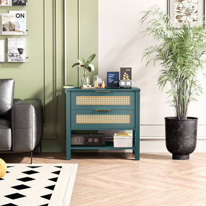 Rattan Nightstand with 2 Drawers and Storage Shelf Boho Bedside Narrow Side Table for Bedroom