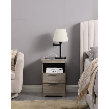 Gray Nightstand with Charging Station, 2 Drawers & Open Shelf Wooden Modern End Table