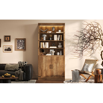 83.4 Inch Tall Walnut Farmhouse Bookshelf with LED Light & Adjustable Shelves Closed Storage Cabinet