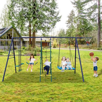 6 in 1 Swing Set With Climbing Ladder, Climbing Net, Glider, Hammock Swing, Belt Swing, Basketball hoop for Backyard
