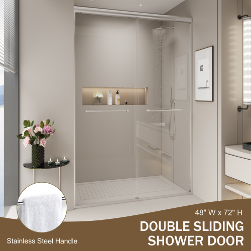 44-48 in. W x 72 in. H Double Sliding Shower Door, Semi-frameless Bypass Bathroom Sliding Door with 1/4" (6mm) Tempered Glass for Walk-in Shower, Chrome 24D03-48CX