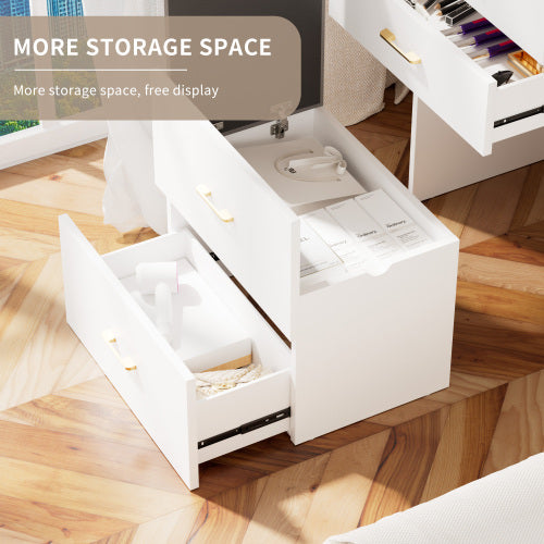3 in 1 Vanity Desk with open Top Mirror,Make Up Vanity Set with Visible Glass Desktop,Compact Makeup Vanity with 3 Drawers and stool,Dressing Table for Bedroom