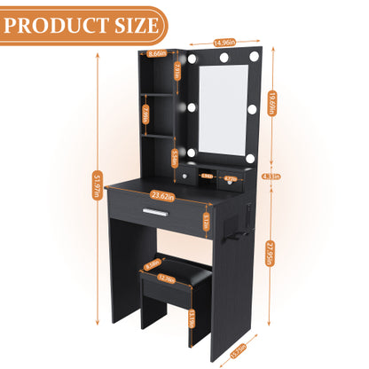 Black Compact LED Vanity Table Set, Power Outlet, Hairdryer Holder & Upholstered Stool