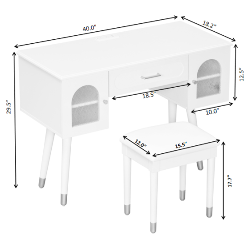 White Multi Purpose Vanity Table & Stool Set, Built in 2 Outlet & 2 USB Charging Port, Carved Glass Cabinet