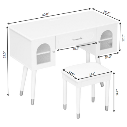 White Multi Purpose Vanity Table & Stool Set, Built in 2 Outlet & 2 USB Charging Port, Carved Glass Cabinet