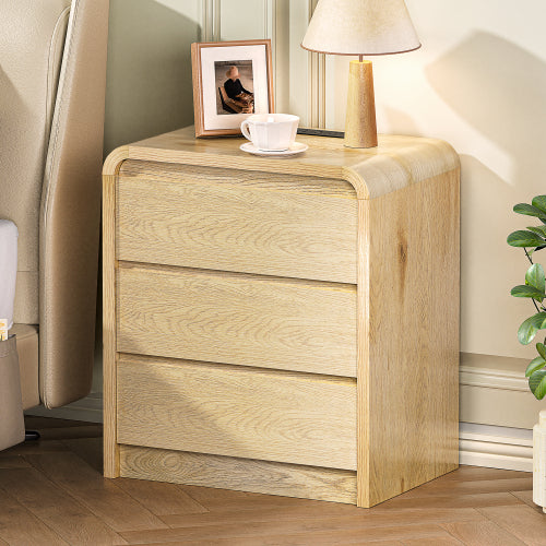 Natural Smooth 3-Drawer Nightstand with Charging Station, Mid-Century Side Table