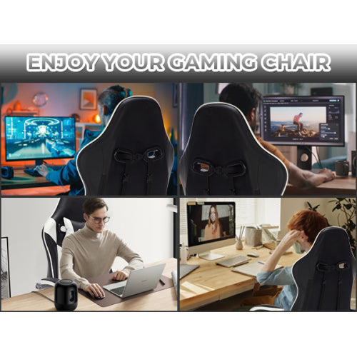 Gaming Chair with Footrest, Ergonomic Computer Chair with Headrest and Lumbar Support, Breathable Material Height Adjustable Video Game Chairs for Adults, Black White