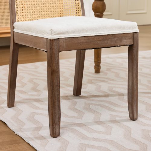Set of 2 Beige Curved Arched Cane Back Farmhouse Dining Chairs, Distressed Solid Wood Frame S-Spring Chenille Cushion