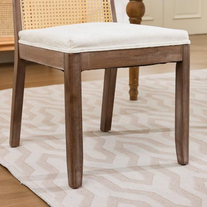 Set of 2 Beige Curved Arched Cane Back Farmhouse Dining Chairs, Distressed Solid Wood Frame S-Spring Chenille Cushion