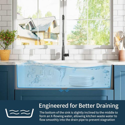 33 inch White Farmhouse Sink, Fireclay Apron Front Farm Kitchen Sinks Farmhouse Ceramic Porcelain Single Bowl Deep Large Capacity Kitchen Sink with Stainless Steel Grid and Strainer