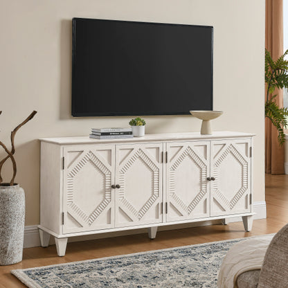 65.2 inch Mid Century Modern Sideboard Buffet Cabinet with Storage, Symmetrical Geometric Accent Coffee Bar Wine Bar Storage Cabinet, Large Console Table for Living Room/Entryway/Kitchen, Antique White