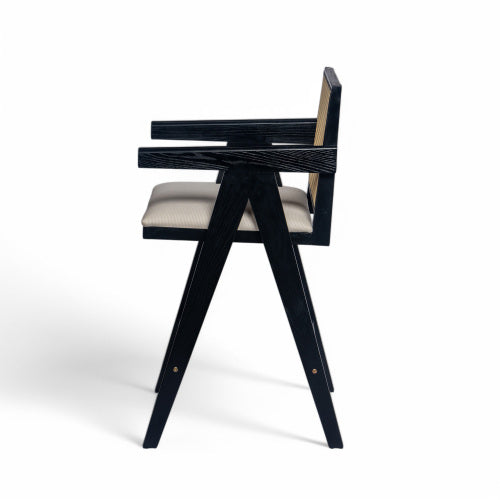 27inch Height, Cream Grey Woven Cane Plastic Backrest Bar Stool - Foam-Padded Fabric Seat & Durable Rubberwood Frame