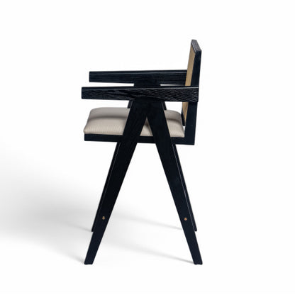27inch Height, Cream Grey Woven Cane Plastic Backrest Bar Stool - Foam-Padded Fabric Seat & Durable Rubberwood Frame