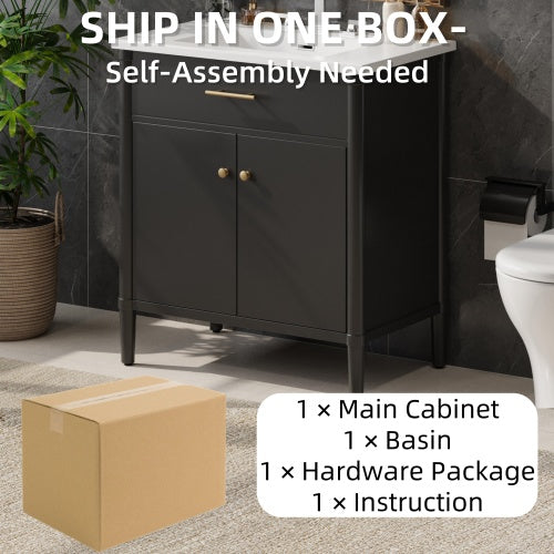31" Bathroom Vanity with Sink, Bathroom Cabinet with Soft Close Doors and Adjustable Shelf, Curved Profile Design, Rubber Wood Legs, Black