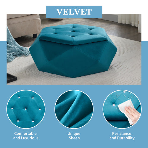 Blue Velvet Polygon Diamond Tufted Storage Ottoman, 34 inchL Lift Top Footrest with Hidden Storage Space