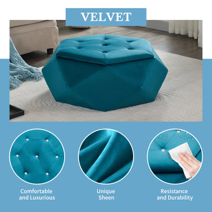 Blue Velvet Polygon Diamond Tufted Storage Ottoman, 34 inchL Lift Top Footrest with Hidden Storage Space