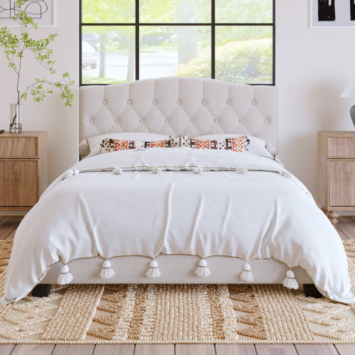 Upholstered Platform Bed with Saddle Curved Adjustable Headboard and Diamond Tufted Details,Wooden Slats and Metal Support, No Box Spring Needed,Queen, Beige