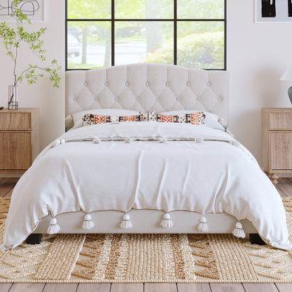 Upholstered Platform Bed with Saddle Curved Adjustable Headboard and Diamond Tufted Details,Wooden Slats and Metal Support, No Box Spring Needed,Queen, Beige