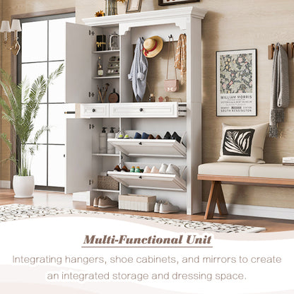 54.7 inch Hall Tree with Integrated Shoe Cabinet and Mirrored Cabinet Door, Coat Hanger, Entryway Bench, 4-in-1 Design, 2 Flip Drawers, 4 Hooks and 2 Cabinets for Entrance,Living Room
