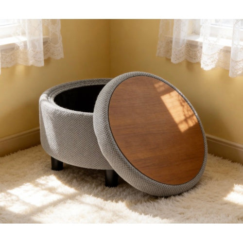 25 Inch Round Storage Ottoman, Light Grey Tufted Fabric