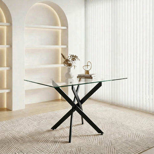 47-Inch Glass Dining Table with Black Legs for Modern Home