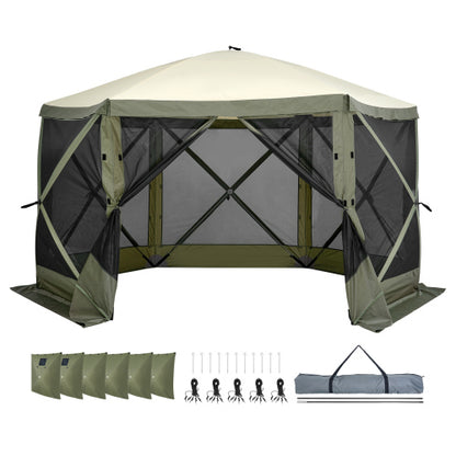 Pop Up Gazebo Tent, Pop-Up Screen Tent 6 Sided Canopy Sun Shelter with 6 Removable Privacy Wind Cloths & Mesh Windows, 12x12FT Quick Set Screen Tent with Mosquito Netting, Army Green
