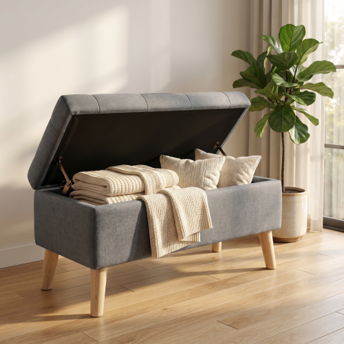 32 inch Corduroy Storage Ottoman Bench with Built-In Tray