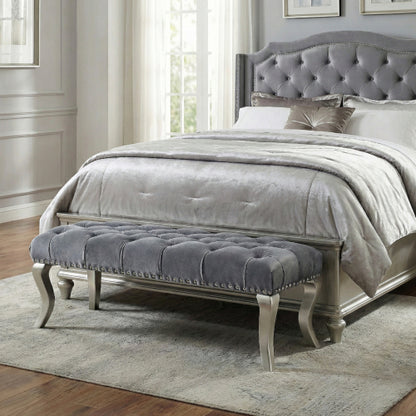 Decor Tufted Fabric Upholstered Bench Nailhead Trim , Gray