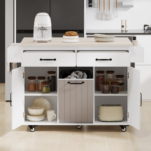 Kitchen Island Cart with Trash Storage Drop Leaf and Adjustable Shelves White