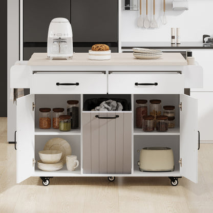 Kitchen Island Cart with Trash Storage Drop Leaf and Adjustable Shelves White