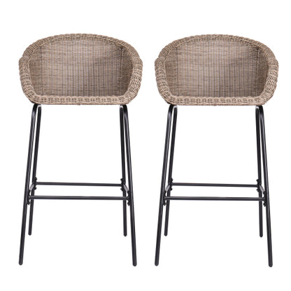 Ladd Outdoor Metal Wicker Barstool, Light Brown Faux Wicker, Set of 2