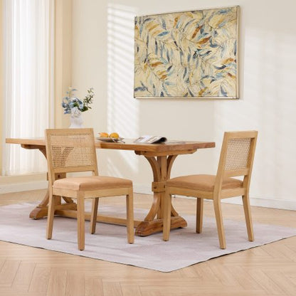 Set of 2 Tan Mid-Century Farmhouse Cane Rattan Dining Chairs, S-Spring Dual Rebound Cushion Solid Hardwood Side Chairs