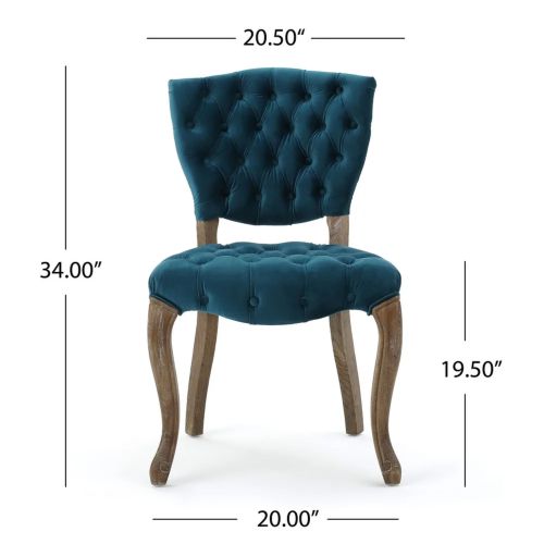 Tufted Velvet-Look Dining Chairs with Carved Wood Legs, Set of 2, Teal